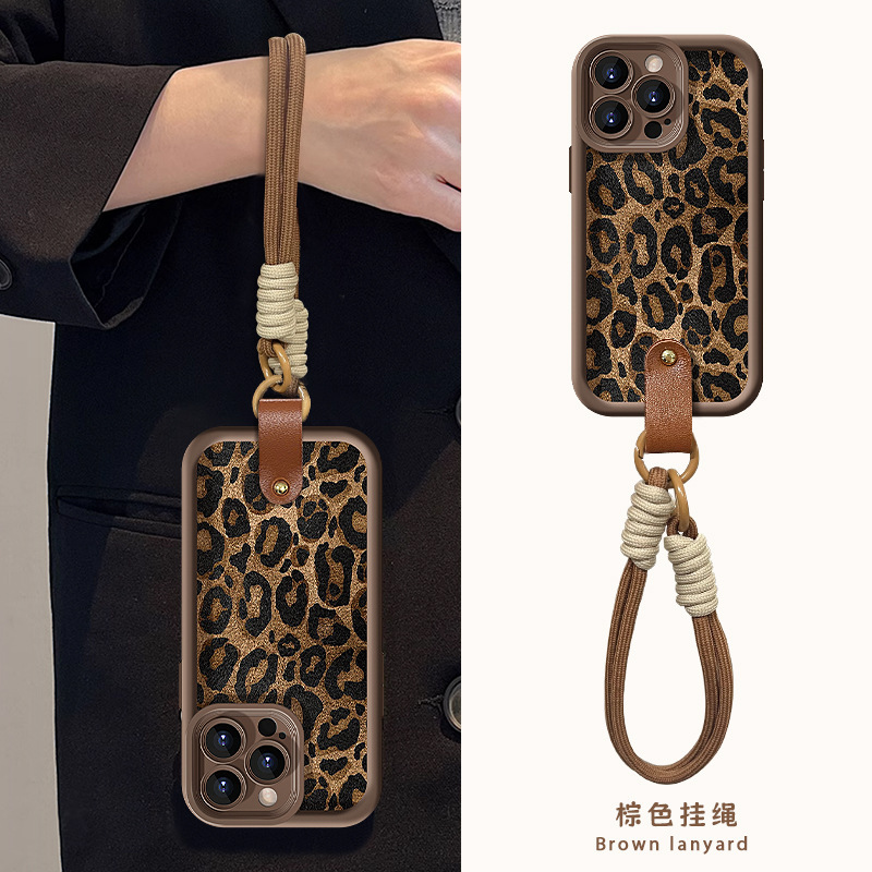 Leopard print lanyard for Apple 16 mobile phone case 15PRO autumn and winter 14 frosted silicone 13 lambskin 12 anti-fall 7/8