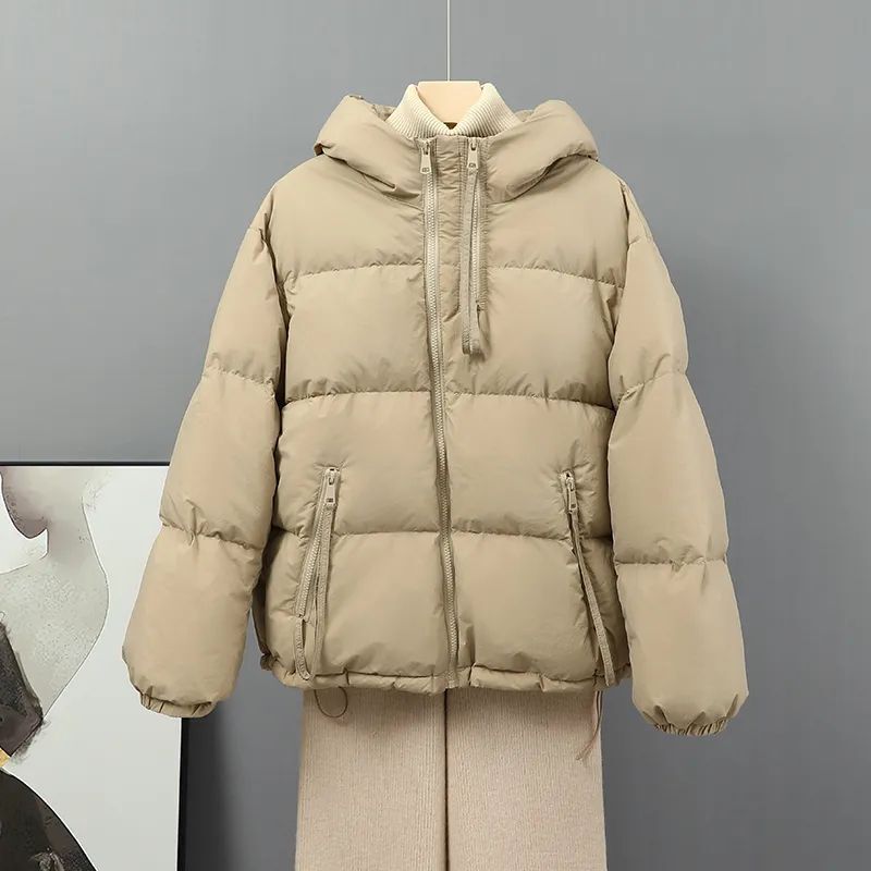 Women's Winter New Versatile Hooded Cotton Jacket Korean Style Loose Plus Size Casual Petite Cotton Coat in Off-White