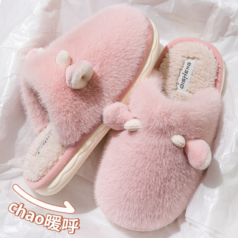 Cute women's cotton slippers, 2026 new model for autumn and winter, indoor home use, non-slip, odor-resistant, warm, plush and furry slippers