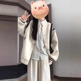 白色美式棒球服女2025新款早秋韩系穿搭中长款拼接开衫外套上衣潮