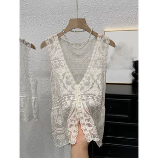 法式甜美蕾丝无袖背心外套女夏季时髦设计感V领气质外搭马甲上衣