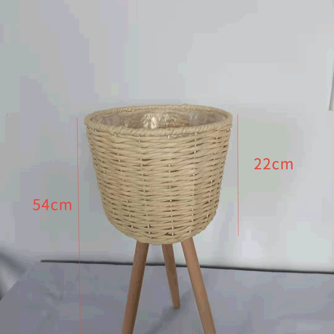 Piso de La Flor soporte de madera pierna piso flor soporte tejida flor olla sala de estar balcón decoración flor cesta paja tejido piso soporte