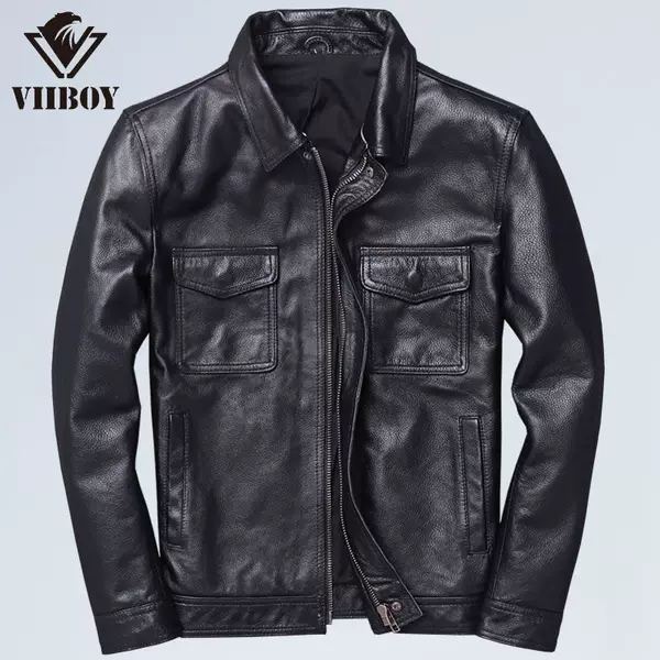 New Style Cowhide Pattern Lapel Motorcycle Leather Jacket for Men, Really Good Leather Ami Khaki Casual Distressed Retro Leather Jacket