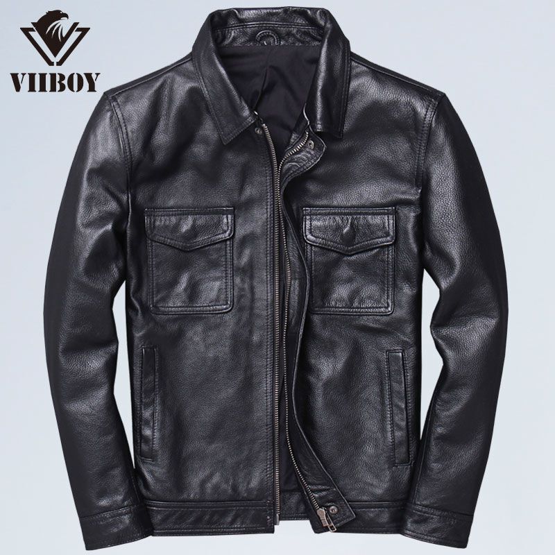 New Style Cowhide Pattern Lapel Motorcycle Leather Jacket for Men, Really Good Leather Ami Khaki Casual Distressed Retro Leather Jacket