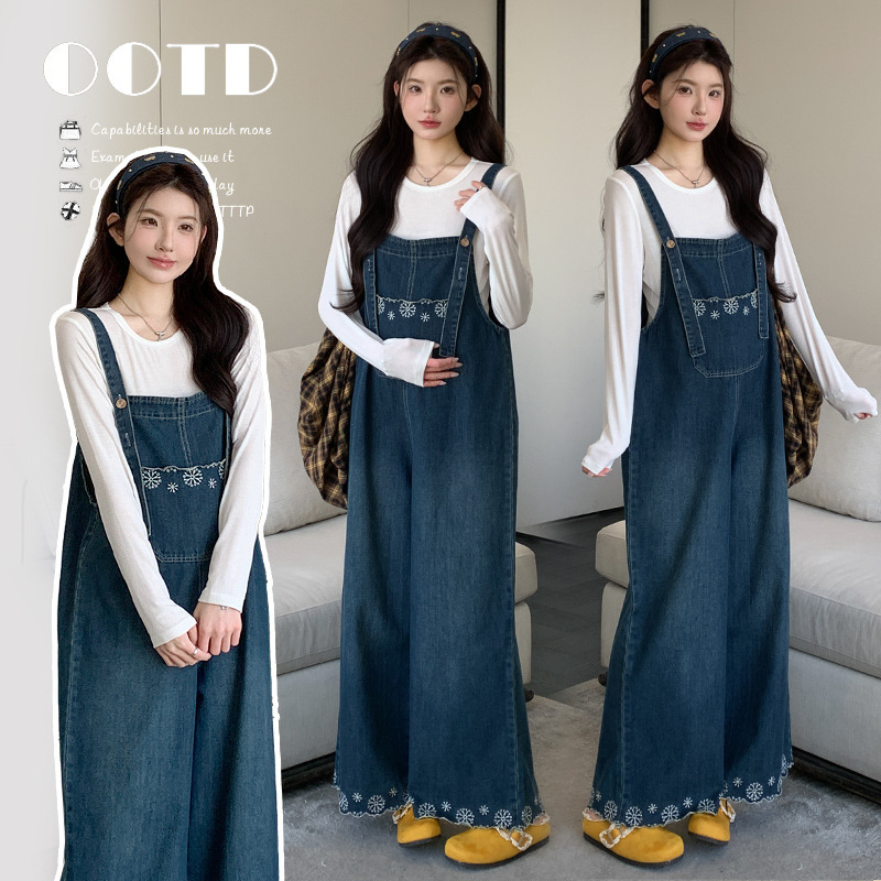 Maternity Wear Spring Outfit Trendy Mom New Style Set Fashionable High-End Denim Overalls Spring and Autumn Top Two-Piece Set Maternity Wear Spring Outfit Trendy Mom New Style Set Fashionable High-End Denim Overalls Spring and Autumn Top Two-Piece Set
