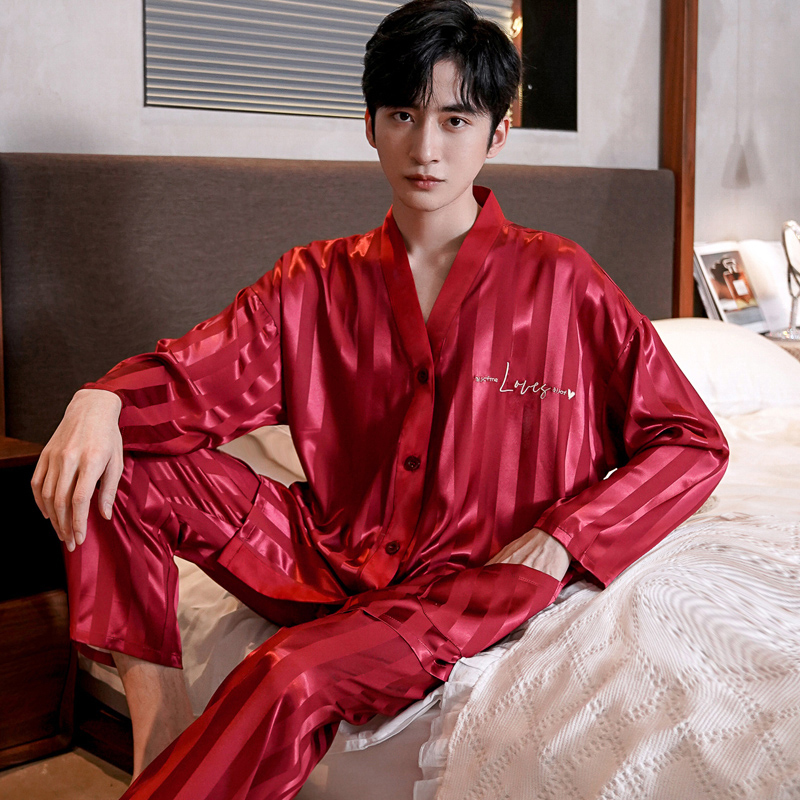 2025新款夏季睡衣男士桑蚕丝春秋季长袖薄款真丝丝绸套装家居服|undefined