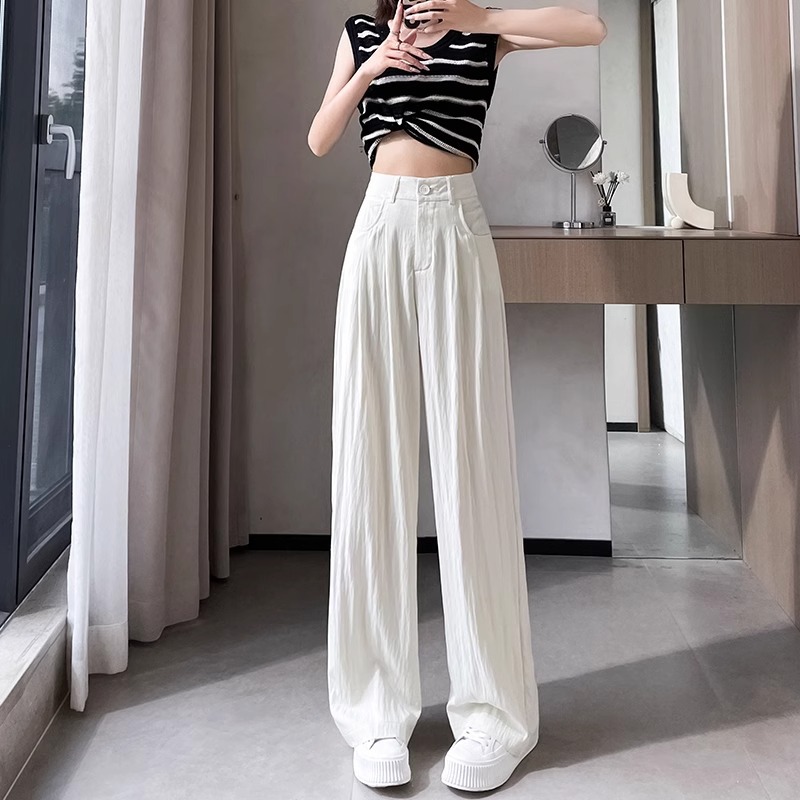Pantalones de piernas anchas de seda de hielo para mujeres verano delgado cintura alta delgada pantalones fríos de protección solar pantalones de alta sensación de pluma