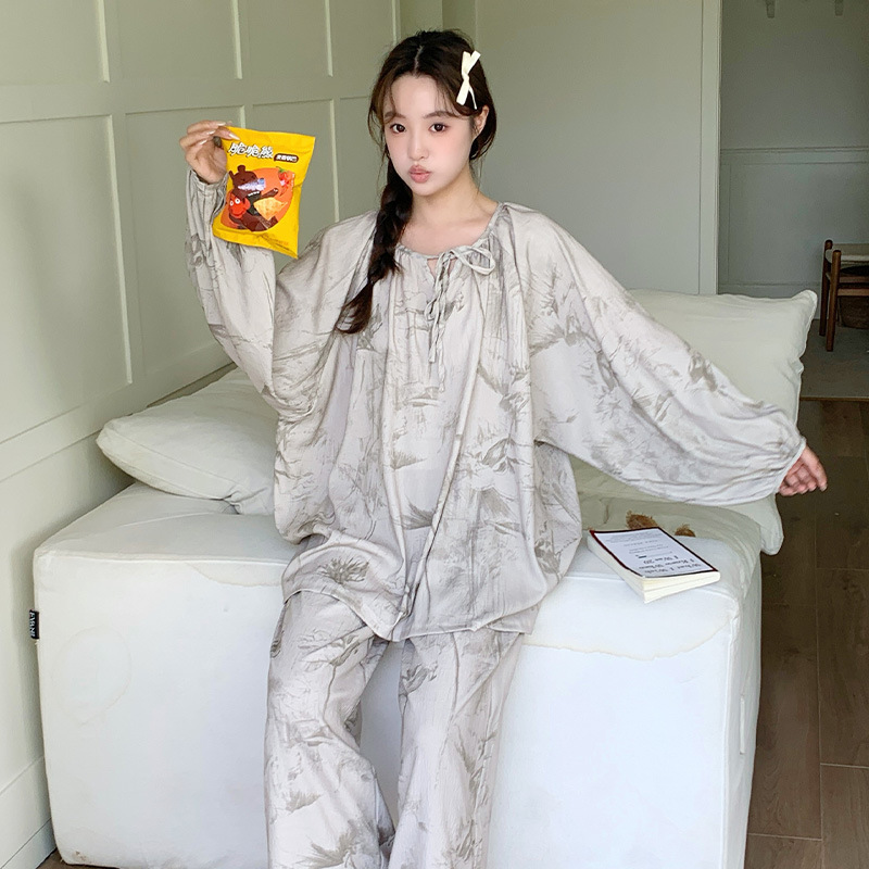 봄 여름 레이스업 클라우드 코튼 여성 잠옷, 홈웨어 투피스 세트, 플라워 아티스틱 라운드넥, 투피스 긴팔 바지