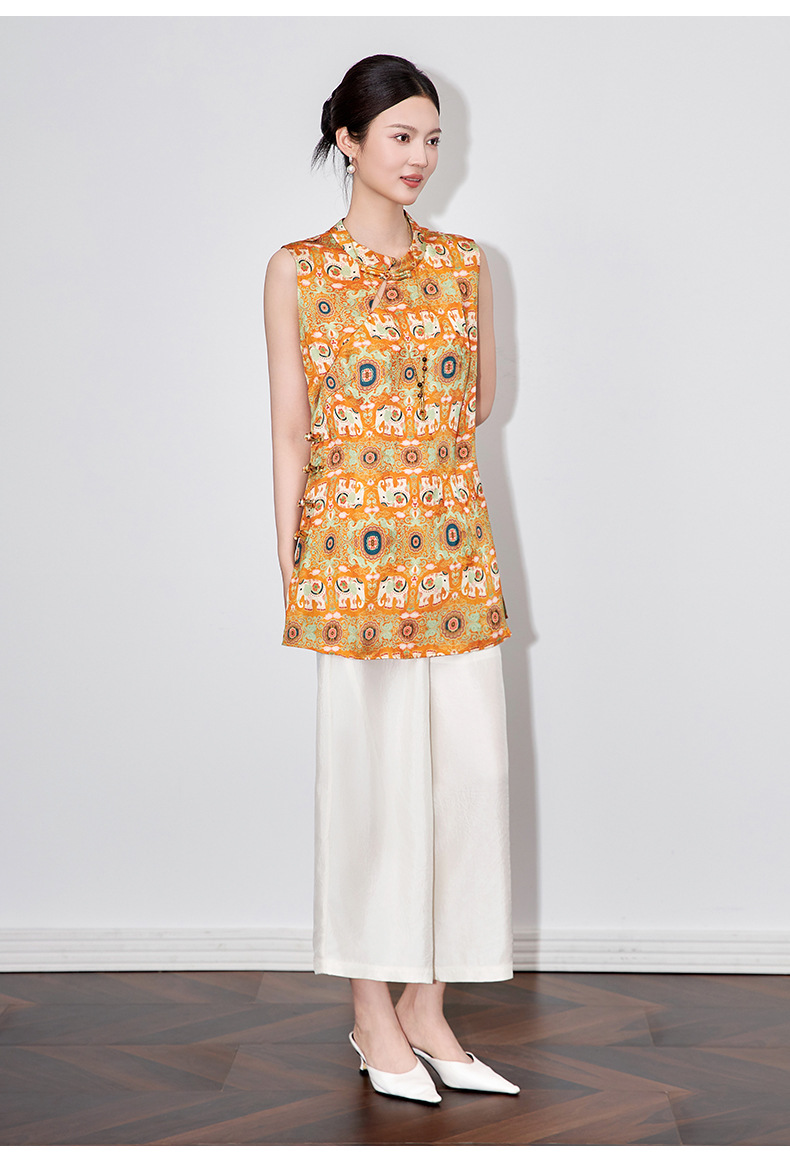Áo vest cổ điển nữ phong cách Trung Hoa mới, chất liệu tơ tằm họa tiết voi nhỏ jacquard — Màu cam voi chi tiết 9
