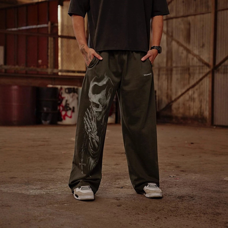 Youngla 202 New Buddha-Seeking Sports Fitness Pants Jogger Cotton Terry Print Wide-Leg Trousers