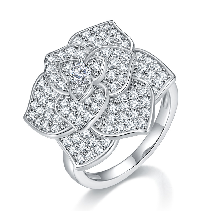 Europa y América nicho moda Camelia flor anillo completo diamante D color VVS moissanite mujeres S925 plateado 18K anillo de oro