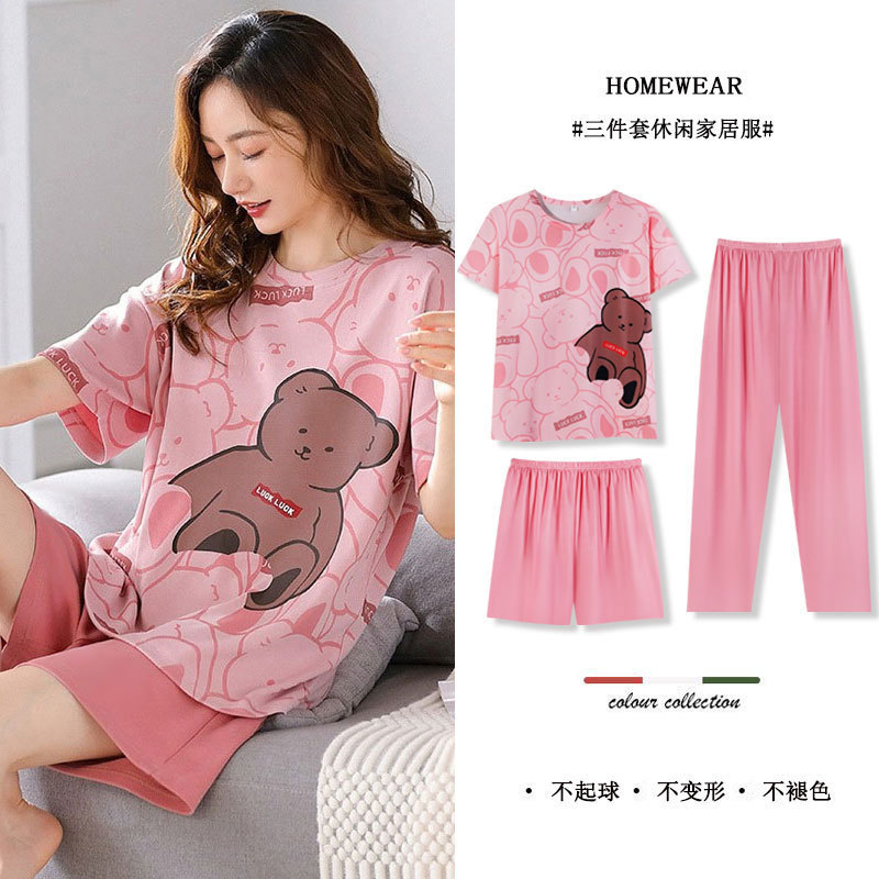 Short-Sleeved Shorts Pure Cotton Summer Pajamas for Women, Comfortable and Wearable, Round Neck, Young Ladies Home Clothes Three-Piece Suit Wholesale