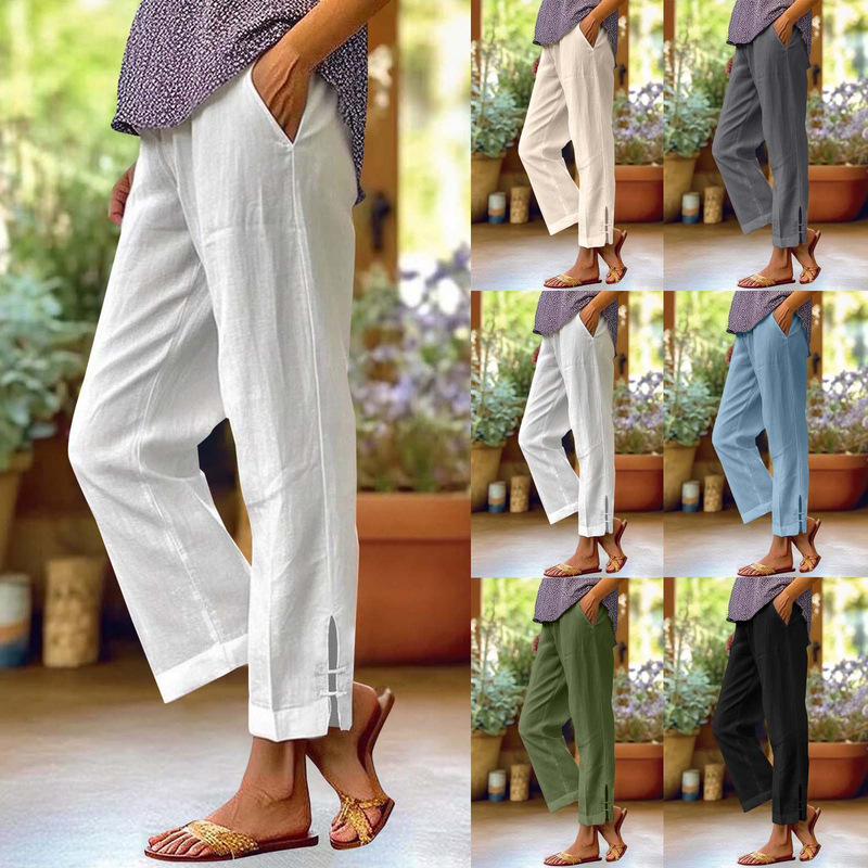 Women's Cotton and Linen Loose Simple Fashion Casual Pants Straight Trousers Pants with Loose Waist (Trouser Foot Buckle)