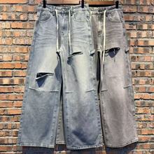 美式复古水洗蓝色破洞工装牛仔裤女2025新款潮休闲百搭宽松直筒裤
