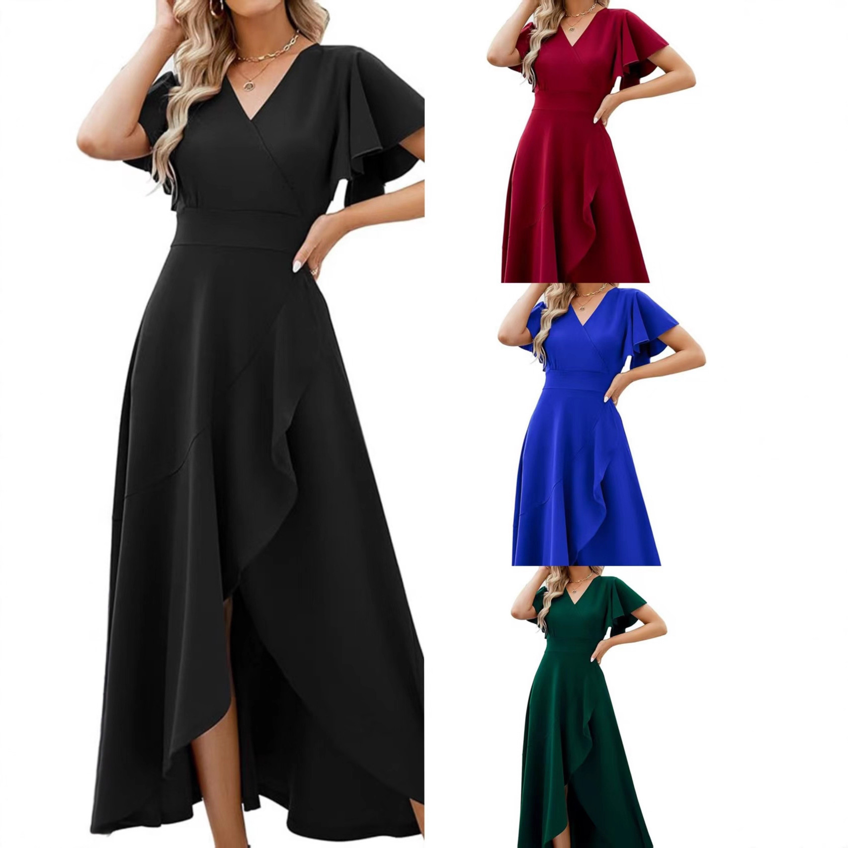2025 Cross-Border Amazon Women's Lotus Leaf Sleeve V Neck Elegant Evening Dress European and American Spring and Summer Polyester Dress
