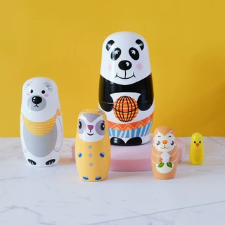 创意动物篮球熊猫系列彩绘木质工艺品儿童节创意小礼品俄罗斯套娃