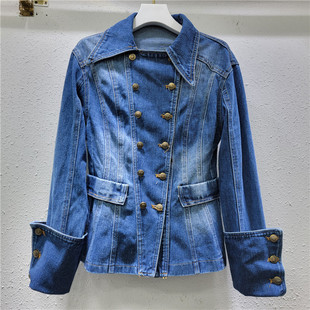 Autumn 2024 New Style Design Fashionable All-match Lapel Double-breasted Waist Suit Denim Jacket for Women