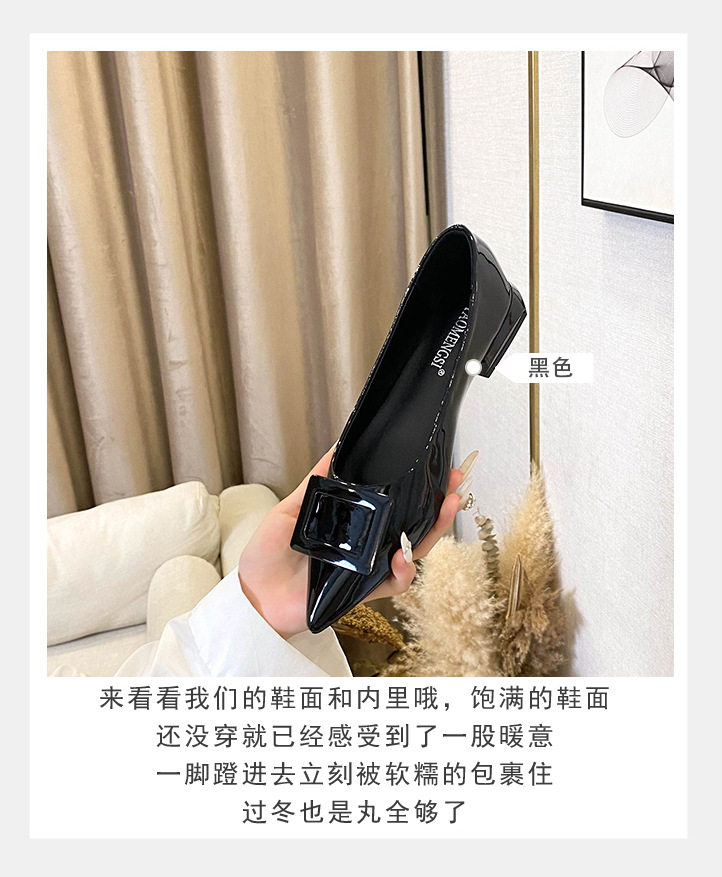 Giày cao gót nữ mũi nhọn khóa vuông gót thấp chất liệu da mềm — màu đen, màu đỏ chi tiết 7