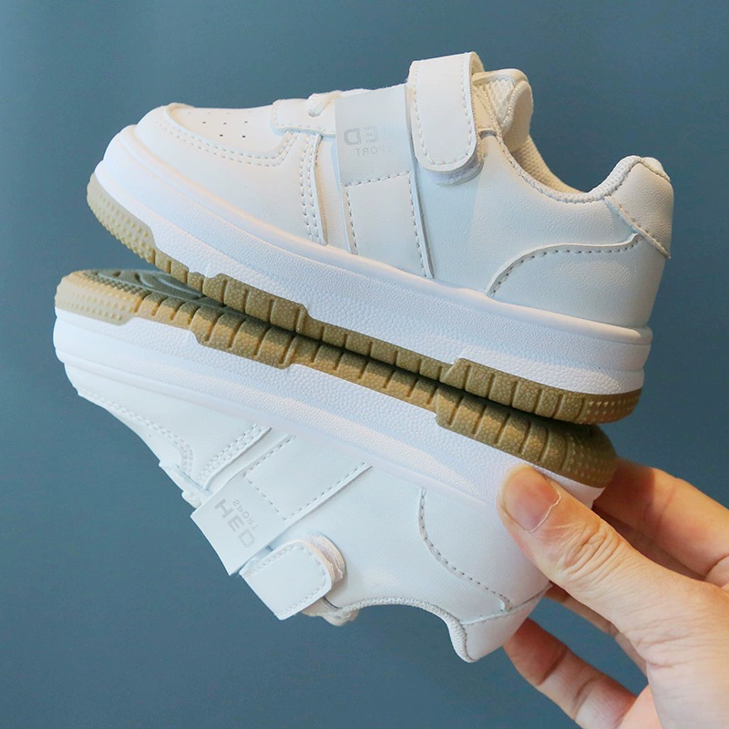 Children's low breathable non-slip wear-resistant white shoes for boys for leisure with velcro, trend of season