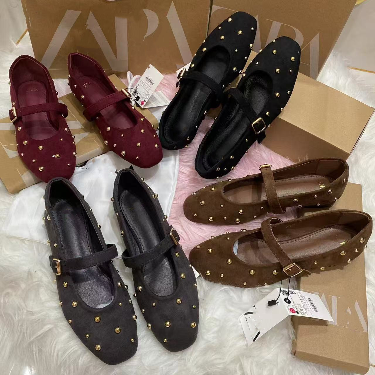 2025新款复古绒面玛丽珍鞋女方头铆钉平底单鞋