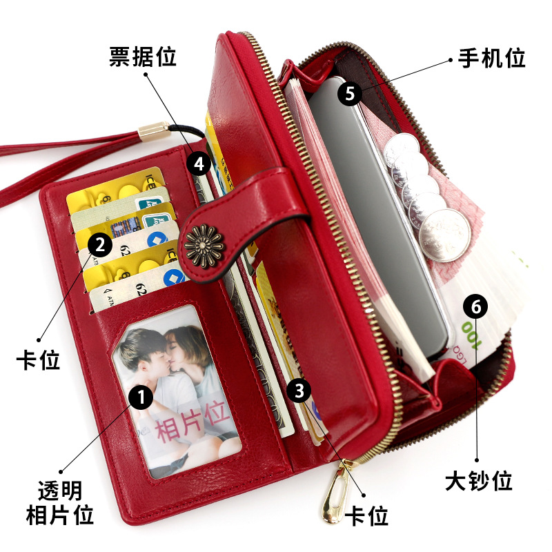 De las nuevas mujeres de la carpeta larga cera aceite cuero elegante simple cremallera del embrague bolso monedero certificado al por mayor