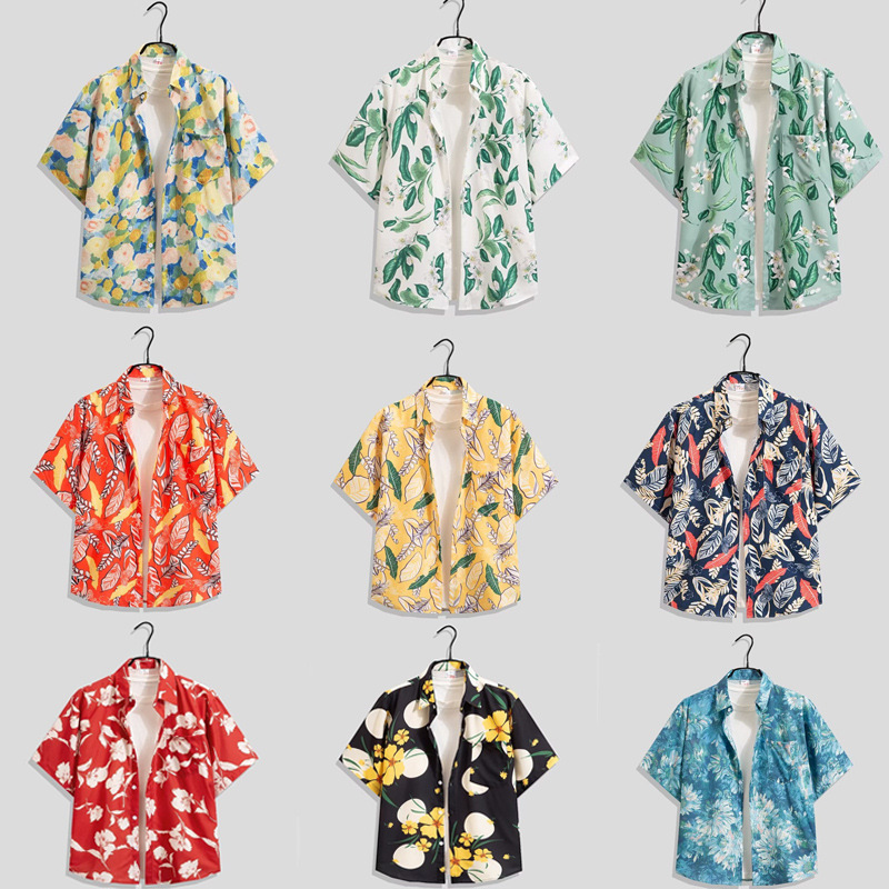 S1-1 Four-Way Stretch Floral Shirt Retro Short-Sleeved Hawaiian Shirt Ancient Men's Yuppie Handsome Jacket Summer Thin Style