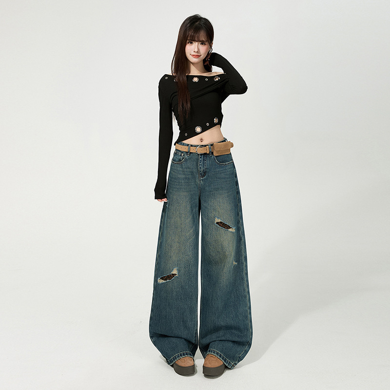 High Street Cool Style Women's Jeans 2025 Winter New Design Wide-Leg Ripped Loose Straight Floor-Length Pants