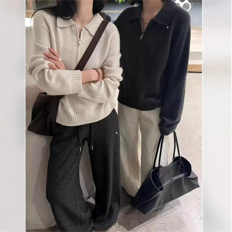 秋冬新款纯色绵羊绒针织女POLO领宽松拉链毛衣女休闲慵懒风套头衫|undefined