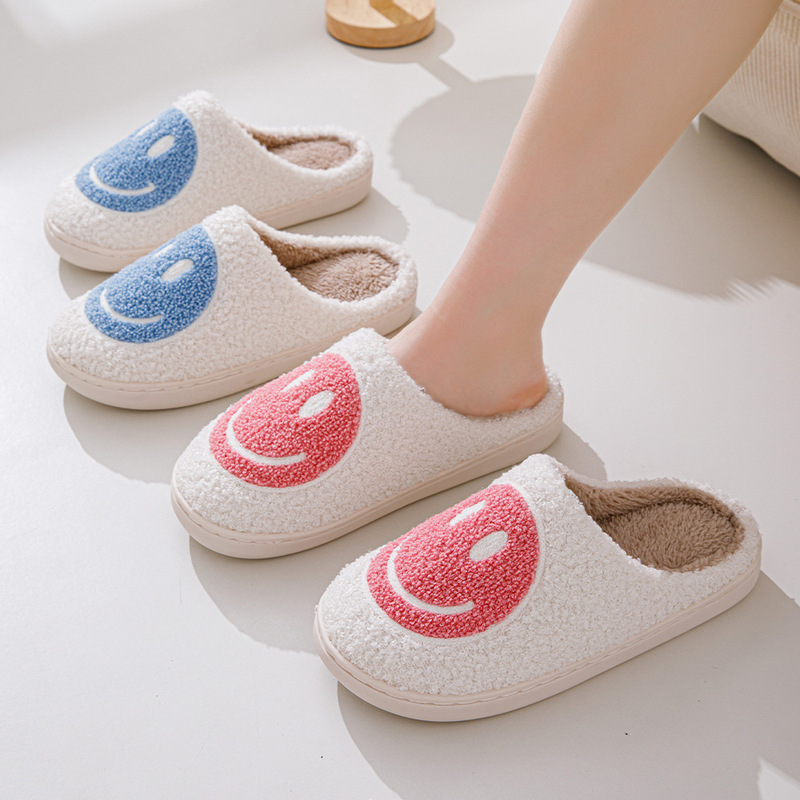 Smiley face Korean style autumn and winter furry couple cotton slippers women men's home cute thick bottom cartoon non-slip Indoor