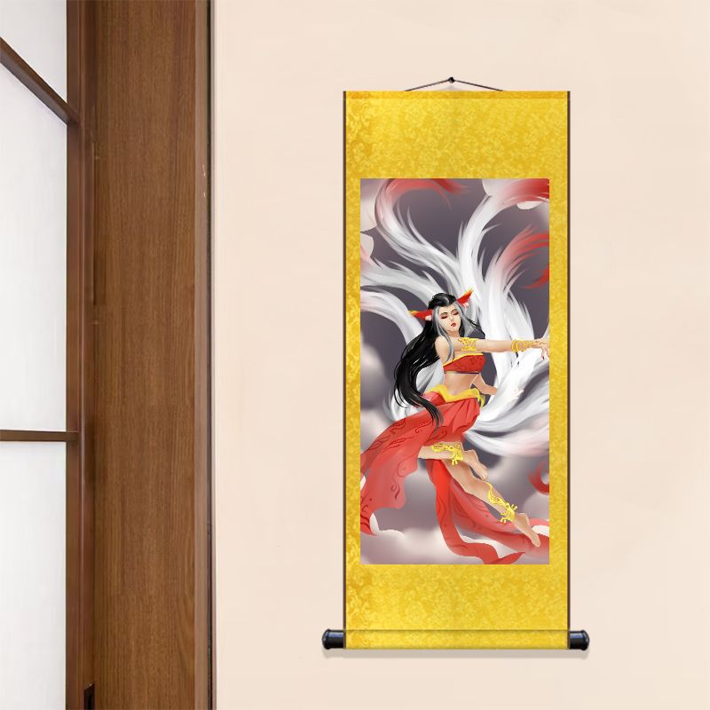 九尾白狐画像男女款 九尾狐客厅丝绸卷轴挂画书房电竞房古风装饰
