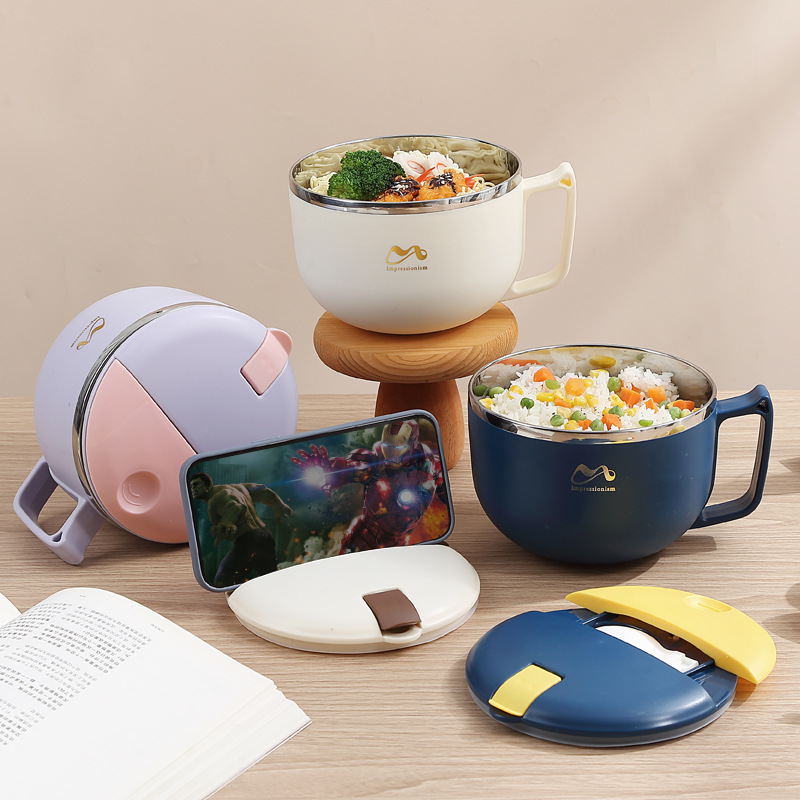 304 de acero inoxidable estilo japonés drenando tazón de fideos instantáneos dormitorio de estudiantes taza de fideos instantáneos lonchera de gran capacidad con tapa lonchera