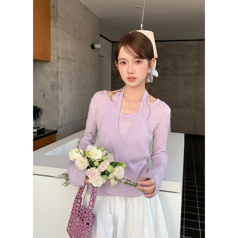 【No returns or exchanges】Halter neck faux two-piece Korean-style knitted top for women, slim fit, YE011 【No returns or exchanges】Halter neck faux two-piece Korean-style knitted top for women, slim fit, YE011
