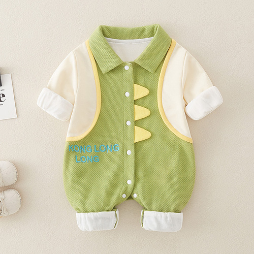 Spring New Baby Double Layer Bodysuit Class A Pure Cotton Newborn Clothes for Boys, Outgoing Crawling Suit