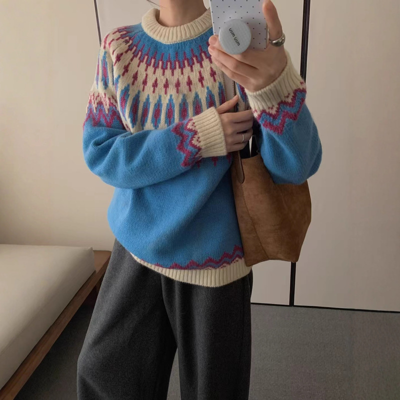 韩版复古设计感费尔岛套头毛衣女2025新款时尚百搭加厚提花针织衫|undefined