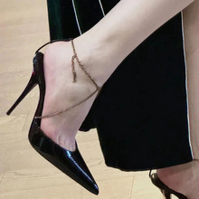 high heels细跟时装性感黑色包尖头法式绑带链条单鞋高跟鞋凉鞋女