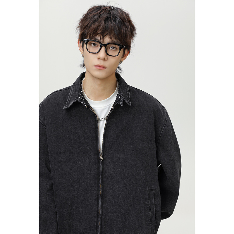 Distressed Washed Workwear Denim Jacket, Autumn Style, Printed Collar Design, Short Wide Silhouette, Trendy Brand Vintage Jacket Q