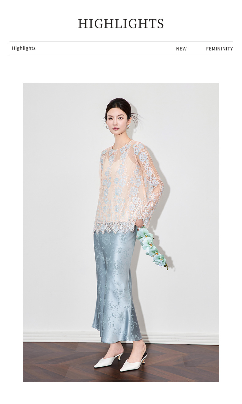 Áo sơ mi ren jacquard phong cách Pháp thanh lịch tay dài — Màu hồng chi tiết 6