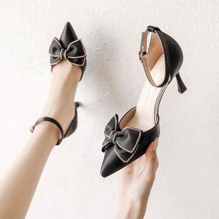 Socialite Elegant High Heels Stiletto Sweet Bow Toe Sandals Women's 2024 New Pointed Toe Bridesmaid Shoes Summer