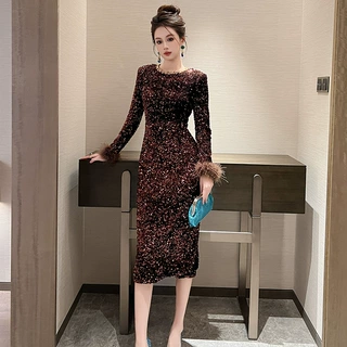 酒会礼服裙2026秋装新款女法式镶钻圆领修身包臀亮片连衣裙21582