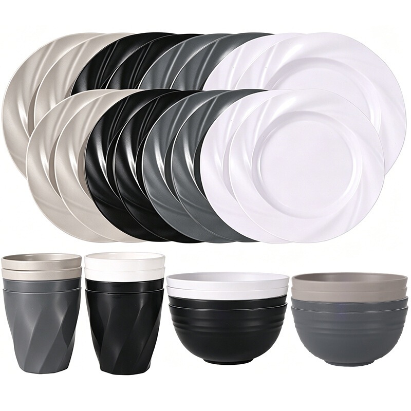 New cross-border model with swirl pattern, 4-person bowl and plate set, wheat straw pasta plate, bowl, cup, American-style household 16-piece set