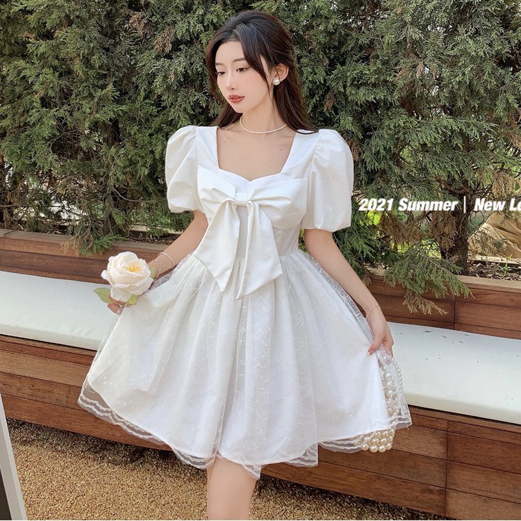 2022 summer new sweet princess style lace mesh bow Girl design sense niche fluffy dress