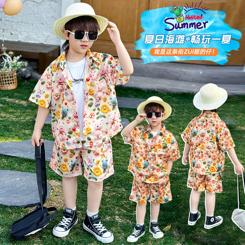 7122 Traje de chaleco para niños Camisa hawaiana de manga corta para niños Ropa de verano para bebés guapos Traje de tres piezas de verano