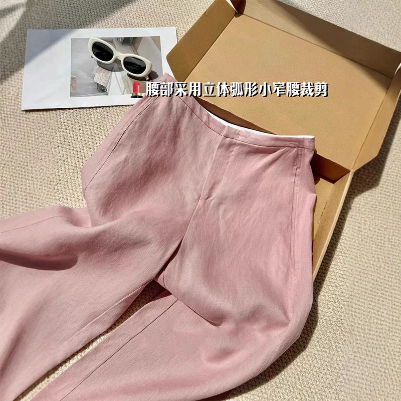 No D Recommended! Relaxed Pink Linen Breathable Cool Old Money Style Wide-Leg Straight Pants for Women 2026 Summer