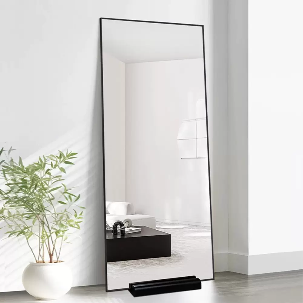 BOLEN铝合金框穿衣镜落地镜实木带底座靠墙全身镜子可移动试衣镜