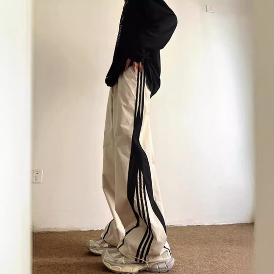 American Style Campus Style Pants Men's Autumn 2024 New High-end Color Contrast Striped Sports Tooling Wide Leg Casual Pants
