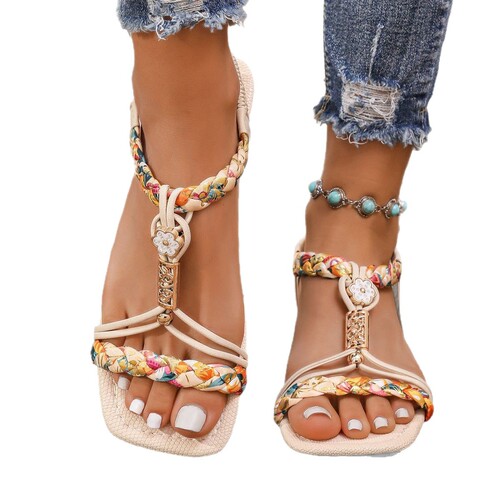 Summer Women Bohemian Embellished Classic Block Heel Slip-On Open-Toe Hole Plus Size Sandals