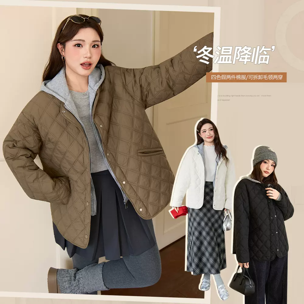 韩系气质撞色可拆卸假两件棉服冬胖mm大码女装宽松显瘦外套65523