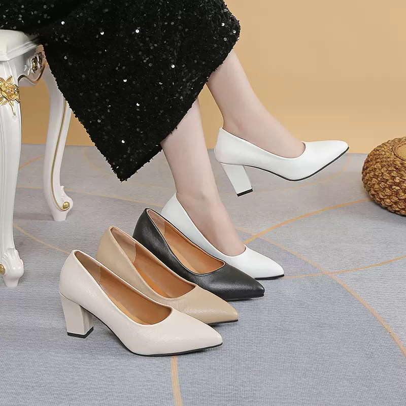 外贸尖头粗跟单鞋女2025年春秋季新款韩版大码浅口高跟时装工作鞋