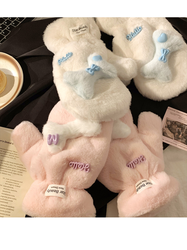 Stile coreano carino caldo peluche ispessito inverno sci ciclismo antivento antifreddo cartone animato collo appeso a cinque dita_voghion.com