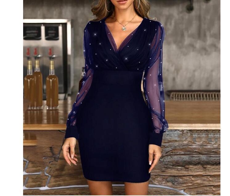 Mesh Panel Bodycon Dress with Shimmering Beads Elegant Evening Wear Perfect for Parties and Special Occasions Wholesale